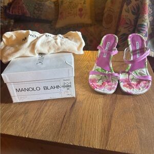 Manolo Blahnik Pink and Green Floral Satin Kitten Heel Sandals
